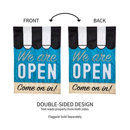 We Are Open Garden Applique Flags double-sided blue with black header Evergreen on Tampa Home & Garden Store
