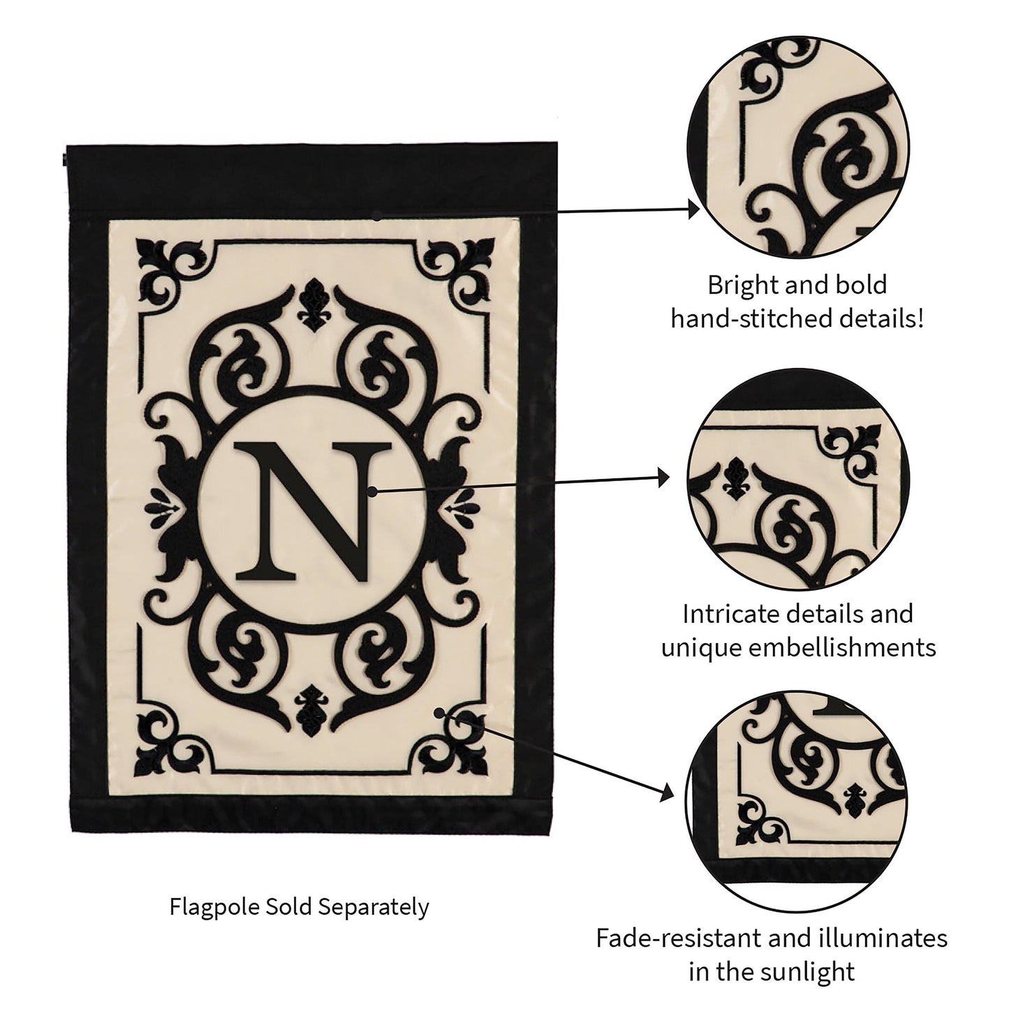 Cambridge Monogram Garden Applique Flag N, beige panel with black ornamental scrollwork and border on Tampa Home & Garden Store