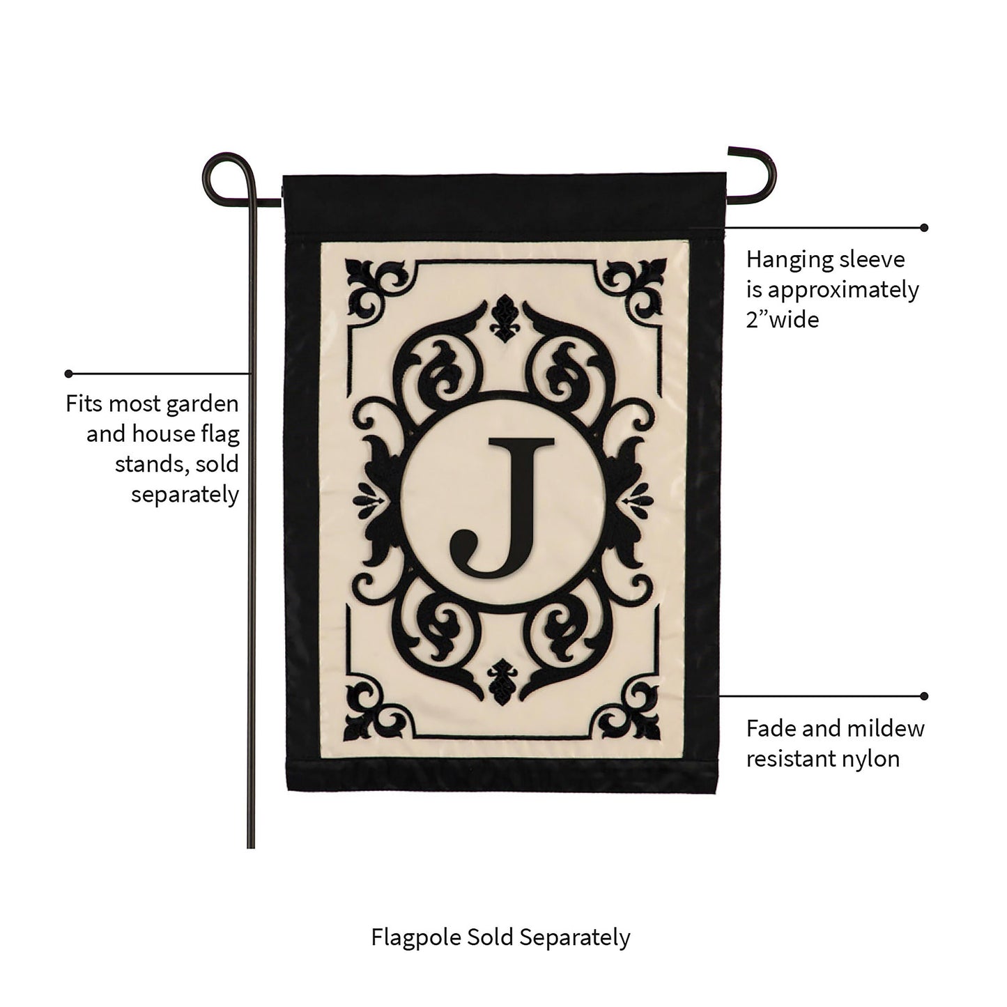 Cambridge Monogram Garden Applique Flag J with ornate black crest on beige panel on Tampa Home & Garden Store