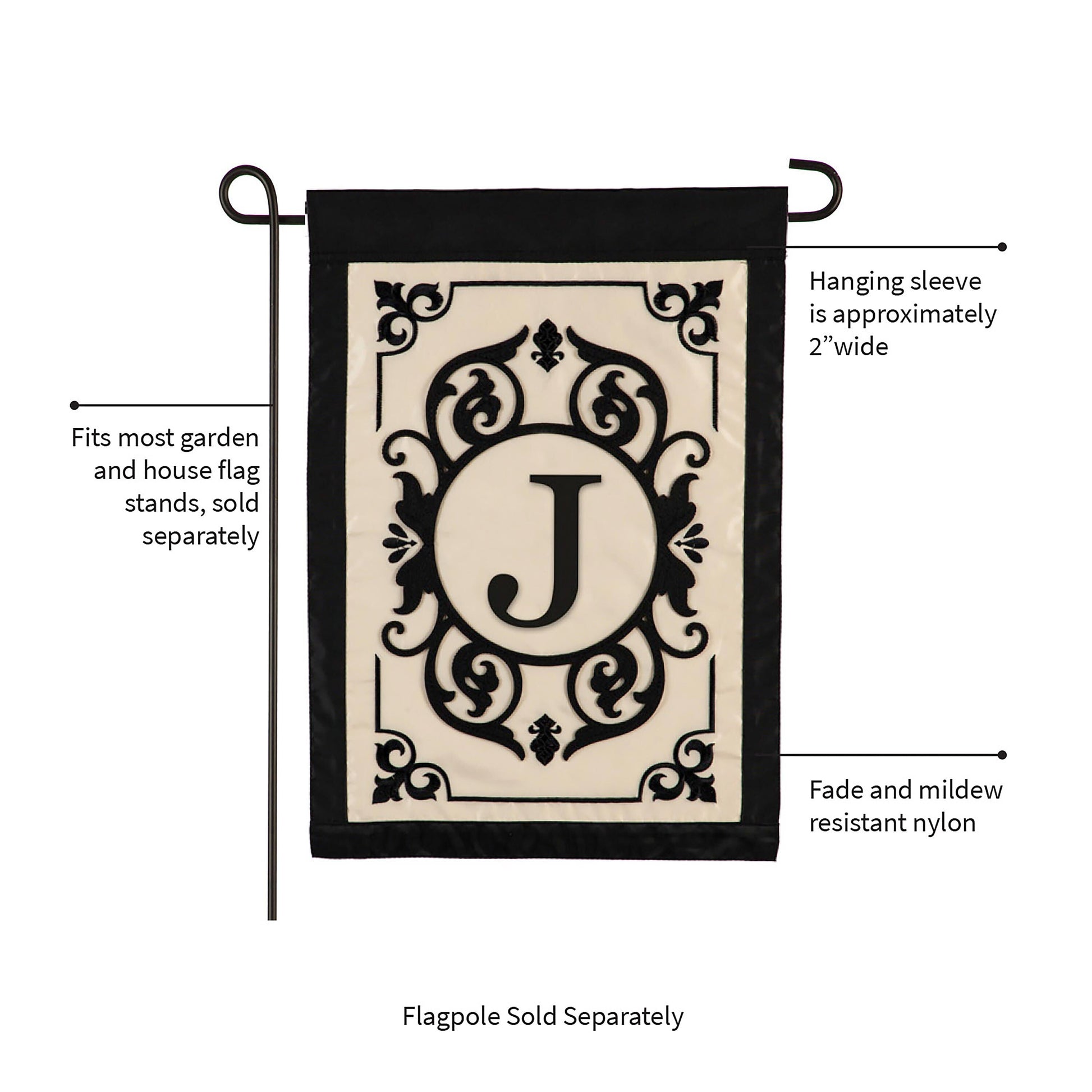 Cambridge Monogram Garden Applique Flag J with ornate black crest on beige panel on Tampa Home & Garden Store