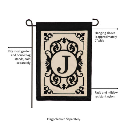 Cambridge Monogram Garden Applique Flag J with ornate black crest on beige panel on Tampa Home & Garden Store