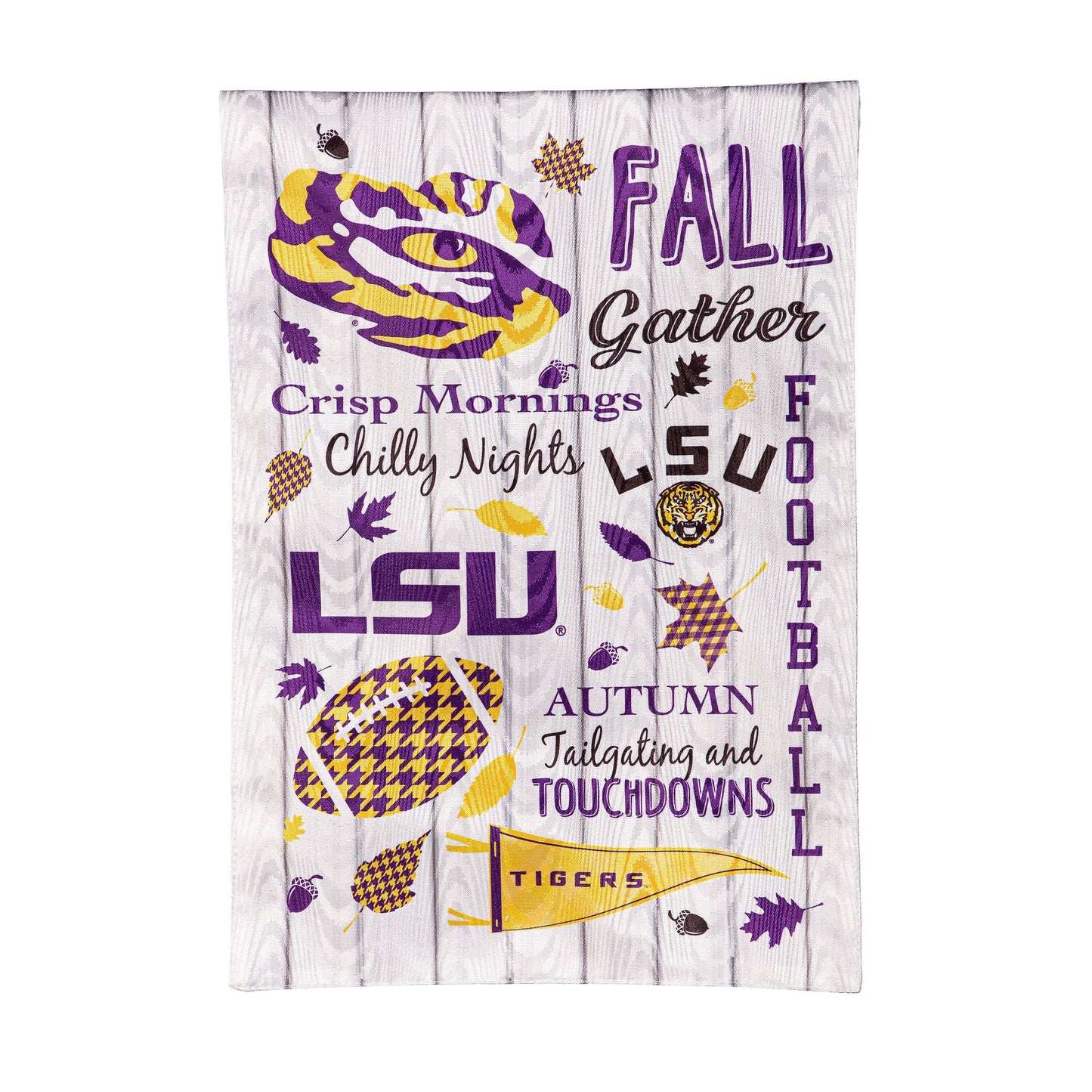 Louisiana State University Moire Flag with purple/gold LSU tiger on wood plank background on Tampa Home & Garden Store