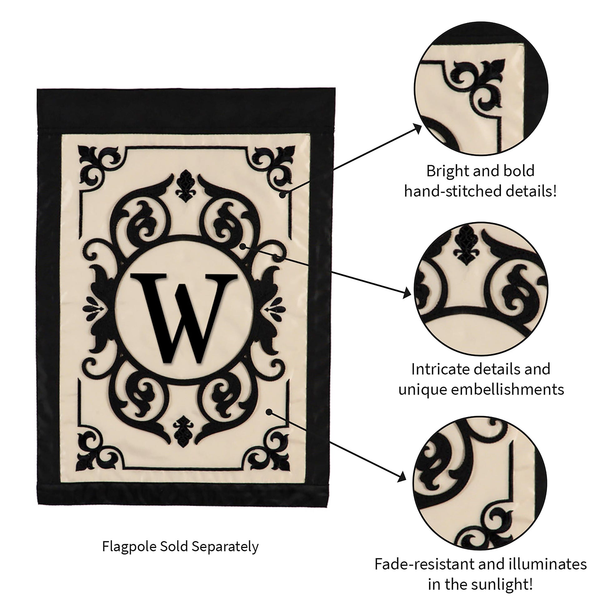 Cambridge Monogram Garden Applique Flag W by Evergreen Enterprises, black ornate W on Tampa Home & Garden Store