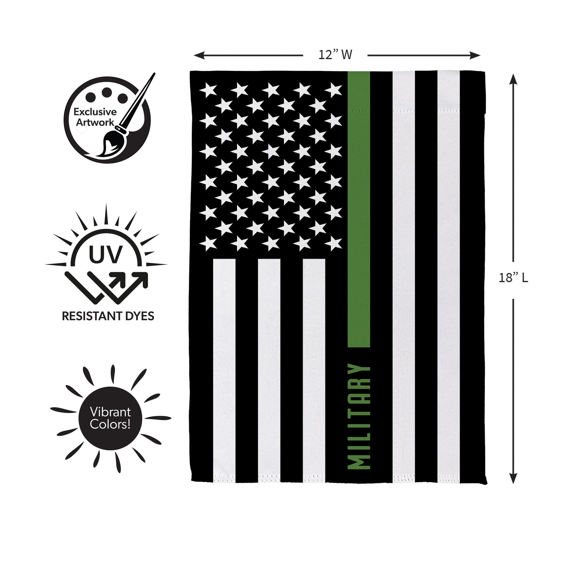 Military Thin Green Line Garden Flag with black/white stripes and green stripe, 12W x 18L on Tampa Home & Garden Store
