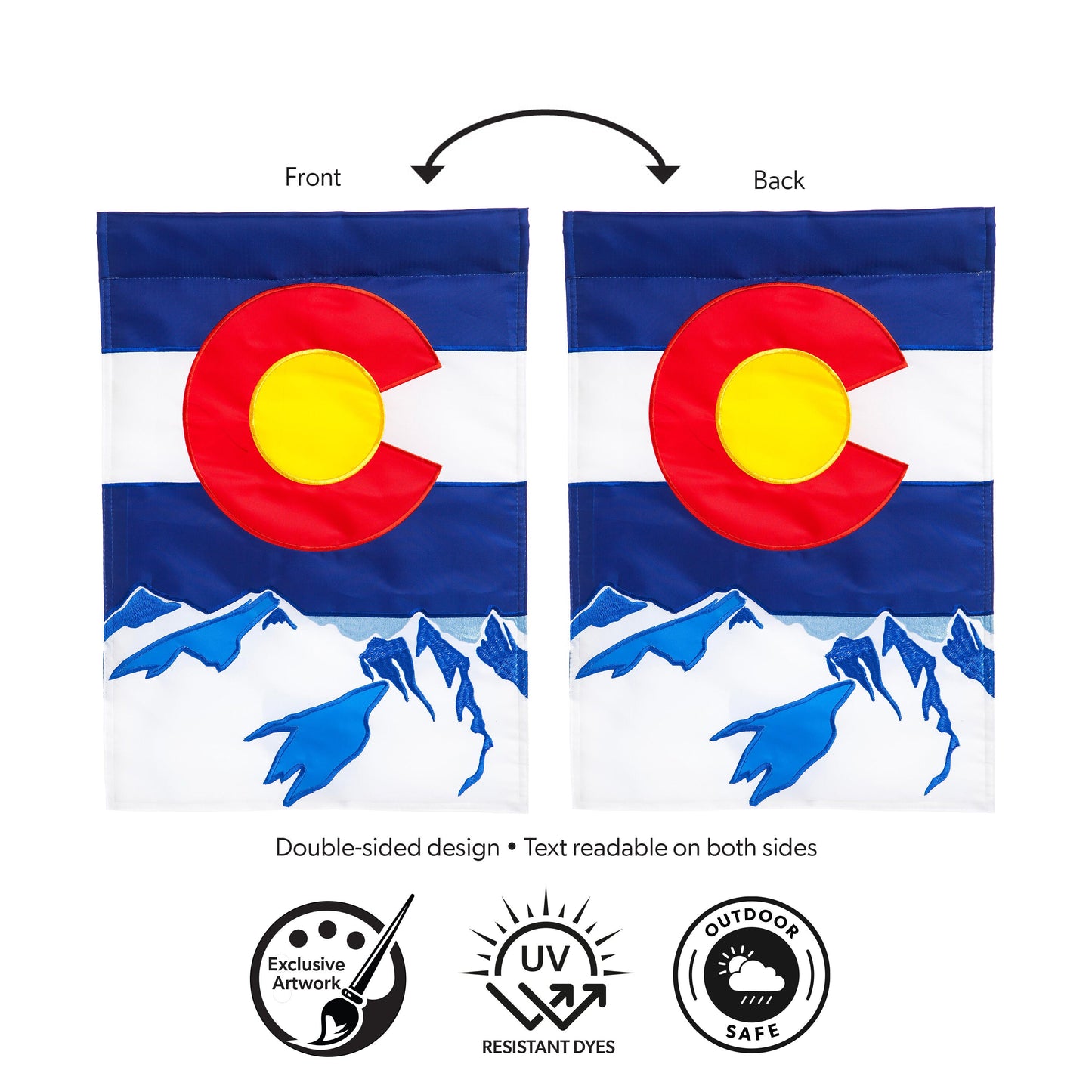 Colorado State Garden Applique Flags, 2-pack with blue stripes and red C yellow disk mountains on Tampa Home & Garden Store