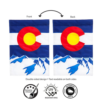 Colorado State Garden Applique Flags, 2-pack with blue stripes and red C yellow disk mountains on Tampa Home & Garden Store