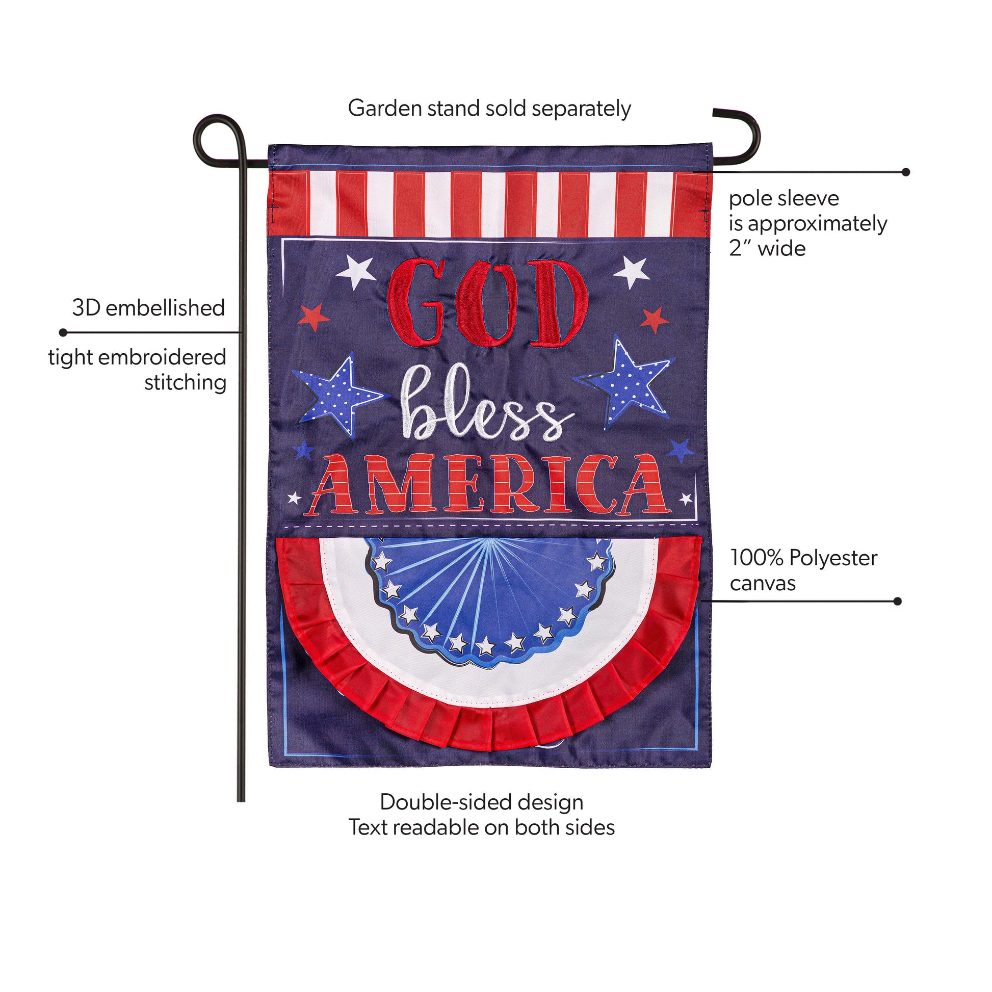 Patriotic God Bless America applique garden flag, double-sided with red stripes and navy field on Tampa Home & Garden Store