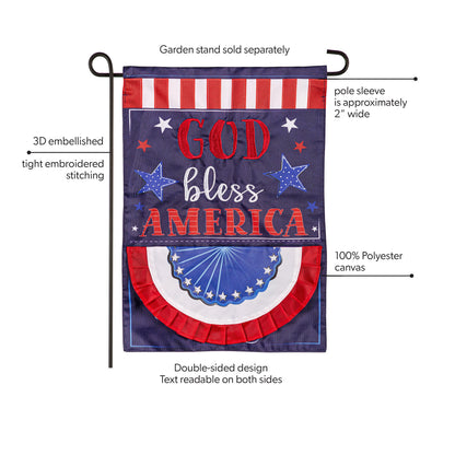 Patriotic God Bless America applique garden flag, double-sided with red stripes and navy field on Tampa Home & Garden Store