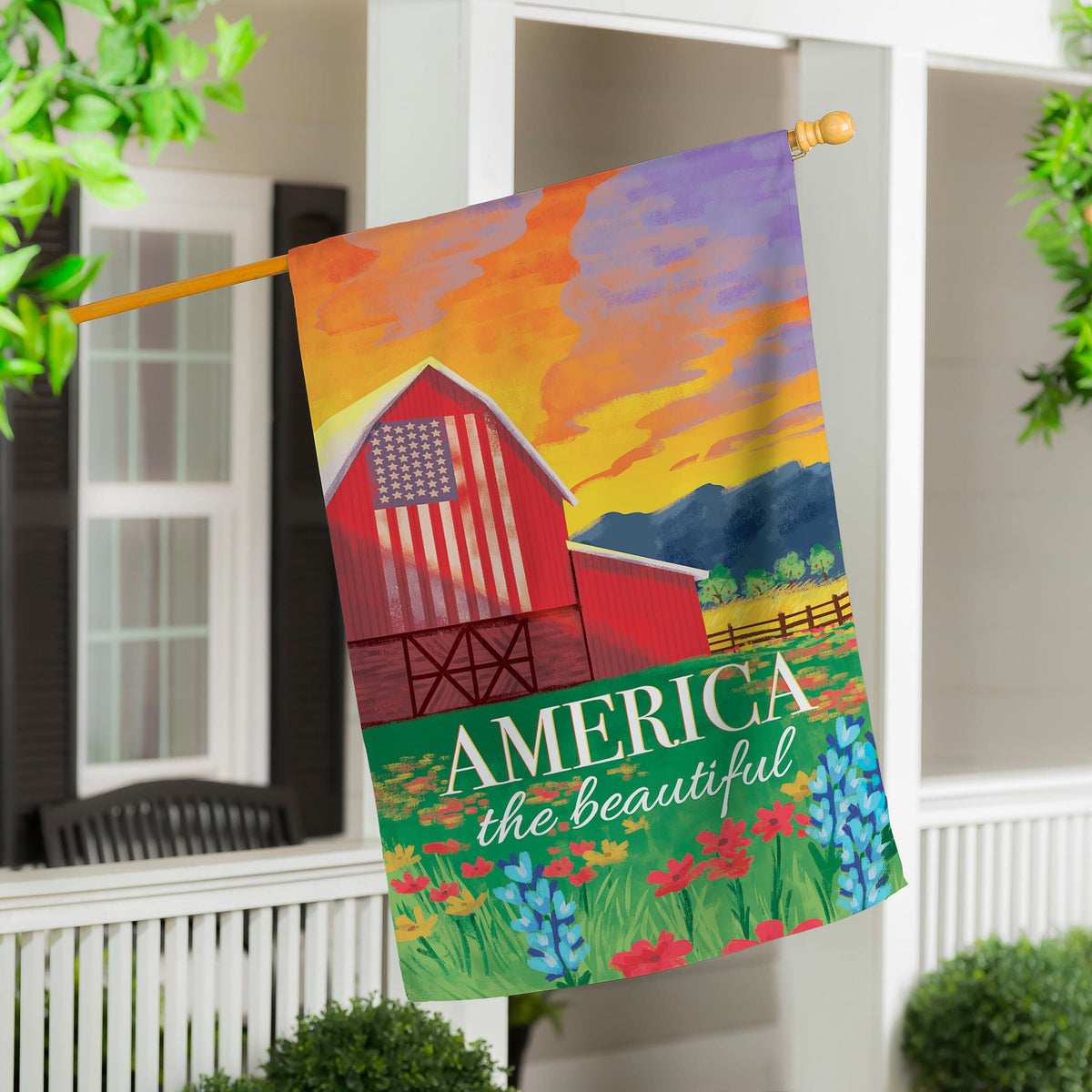 America The Beautiful Burlap House Flag in bold sunset colors for outdoor display on Tampa Home & Garden Store