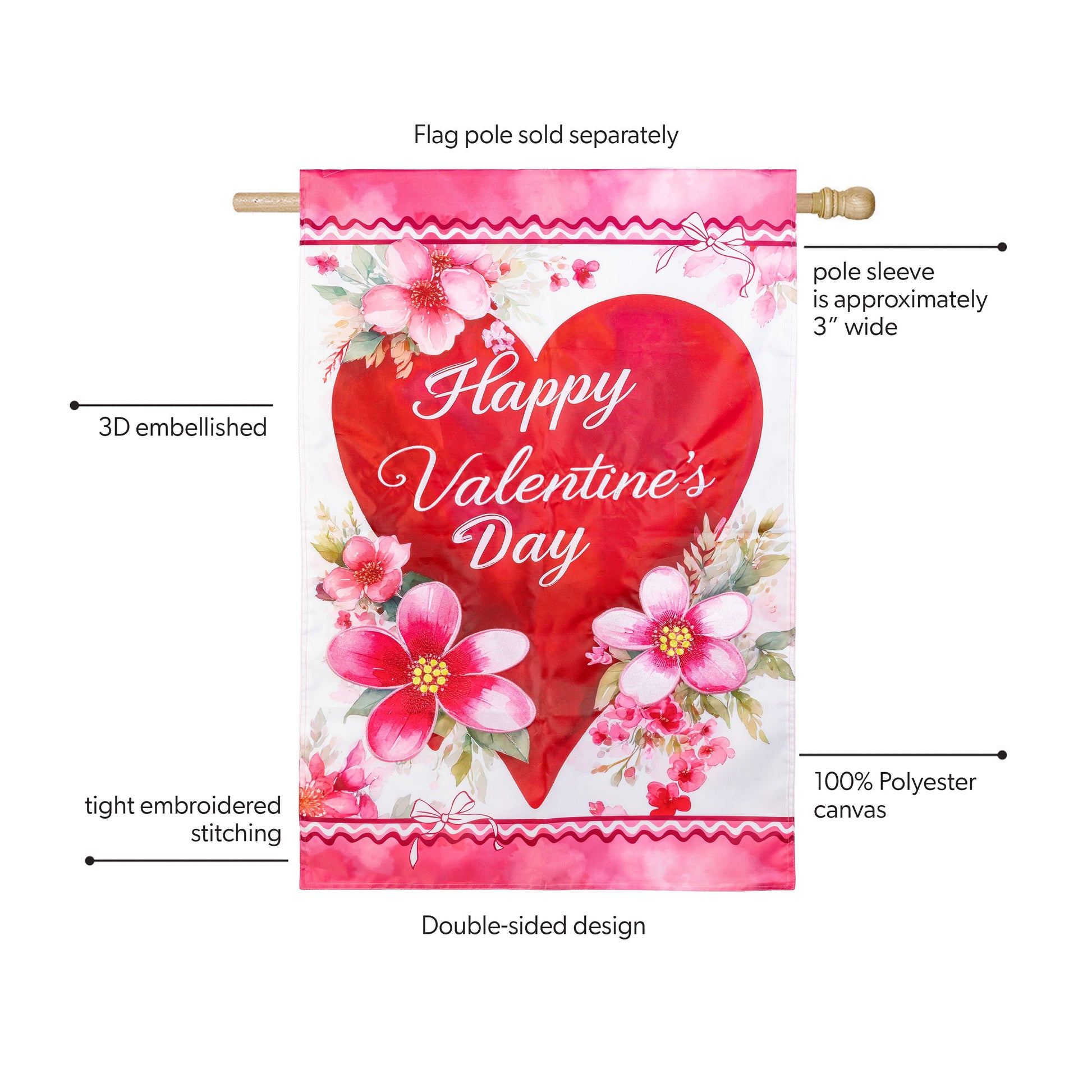 Happy Valentine's Day heart flag pink top border with red heart by Evergreen Enterprises on Tampa Home & Garden Store
