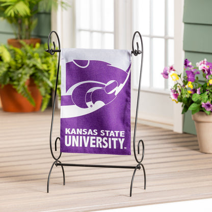 Kansas State University burlap garden flag in purple and white on metal stand on Tampa Home & Garden Store