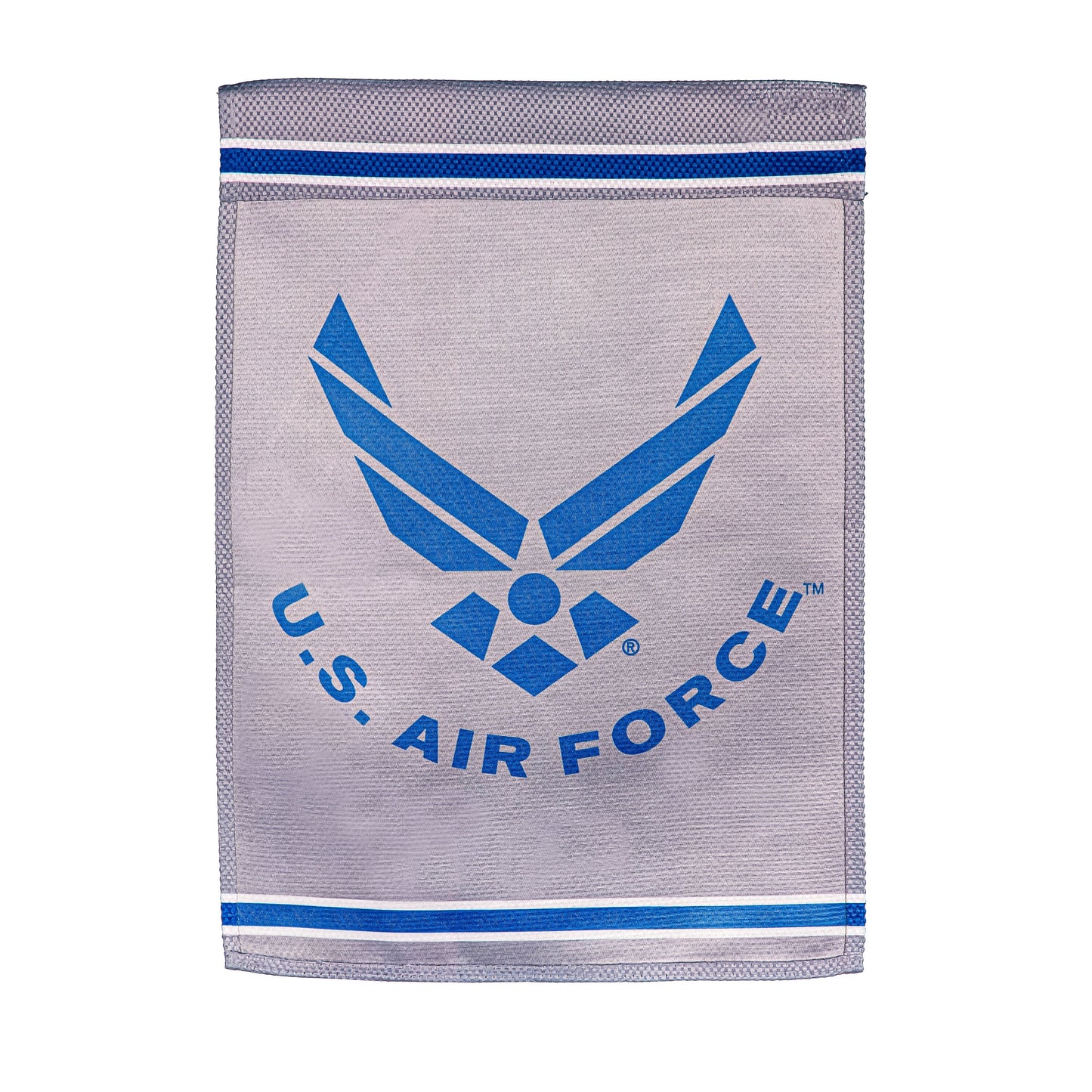 Embossed suede flag GDN size with Air Force emblem on gray fabric and blue accents on Tampa Home & Garden Store