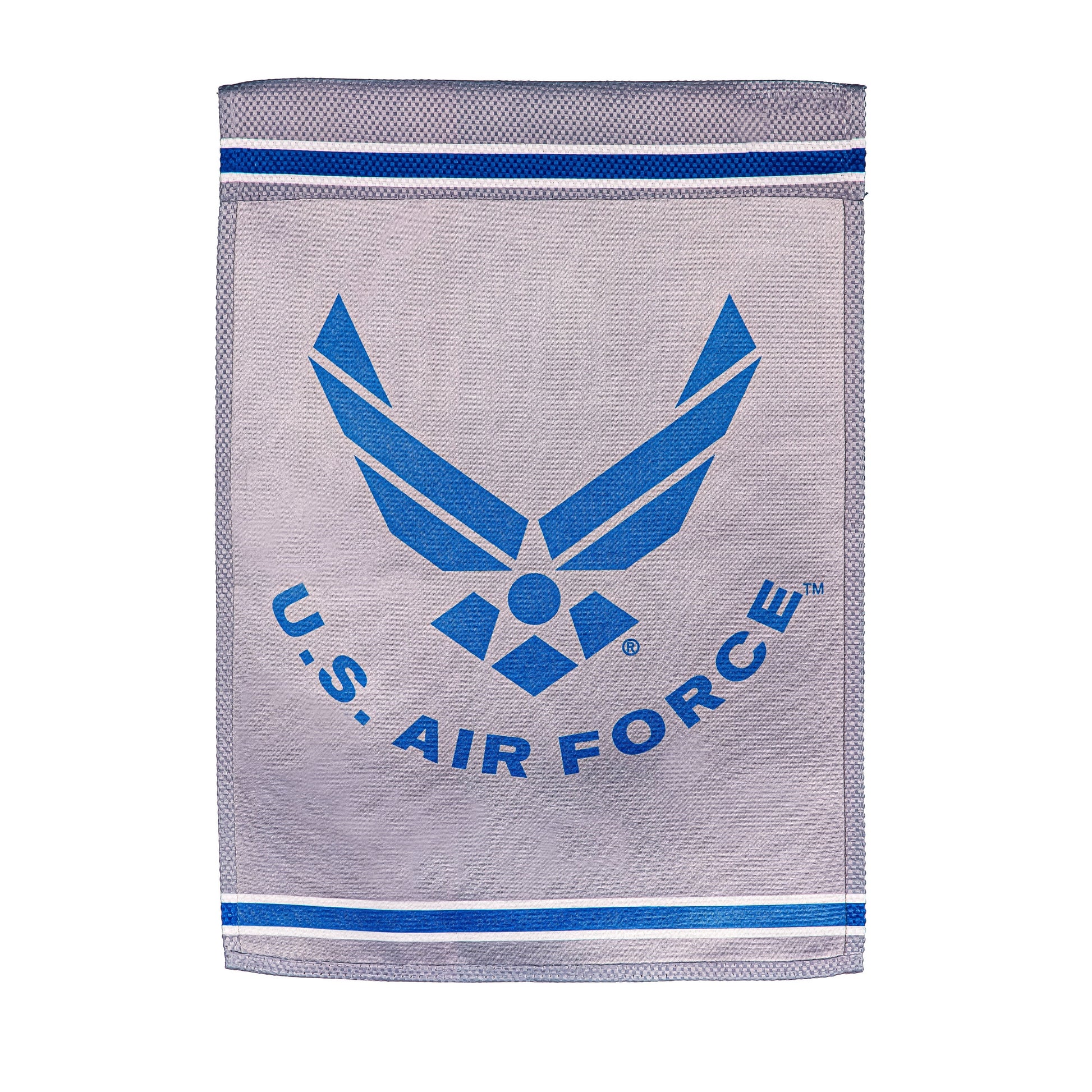 Embossed suede flag GDN size with Air Force emblem on gray fabric and blue accents on Tampa Home & Garden Store