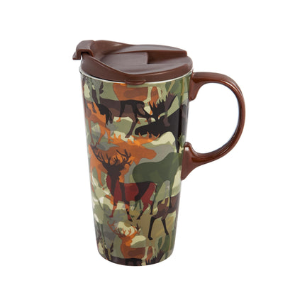 Harvest Home Ceramic Travel Cup 17 oz woodland camouflage with brown lid and handle on Tampa Home & Garden Store