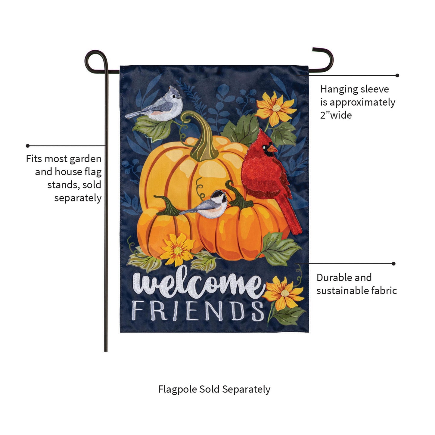Welcome Friends of Fall applique garden flag with pumpkins and birds on navy by Evergreen on Tampa Home & Garden Store