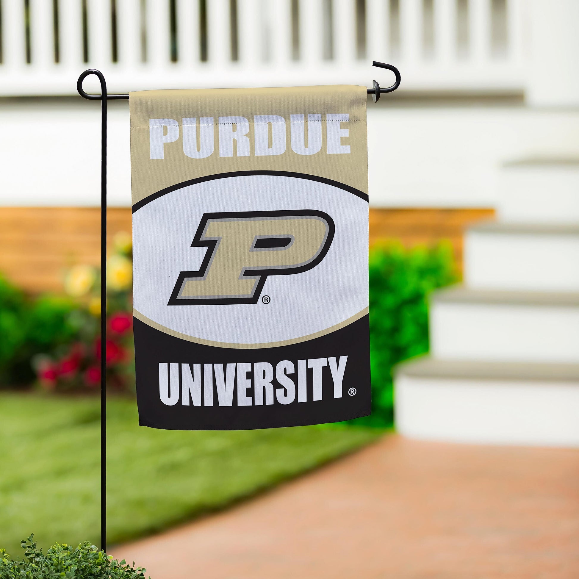 Purdue University suede garden flag on black stake by Evergreen Enterprises on Tampa Home & Garden Store