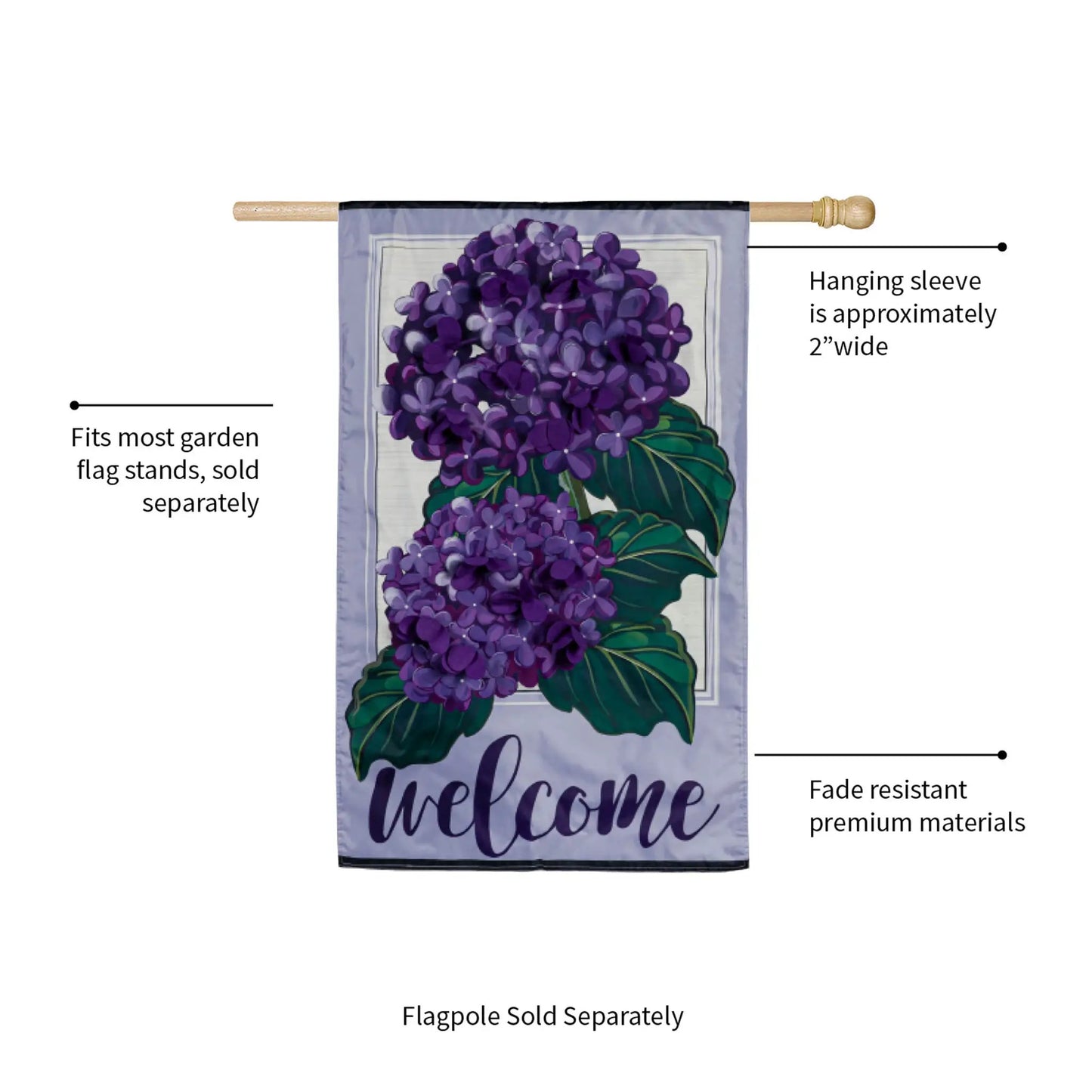 Hydrangea Welcome House Applique Flag, purple hydrangea floral, Evergreen Enterprises on Tampa Home & Garden Store