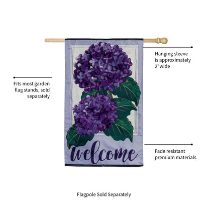 Hydrangea Welcome House Applique Flag, purple hydrangea floral, Evergreen Enterprises on Tampa Home & Garden Store