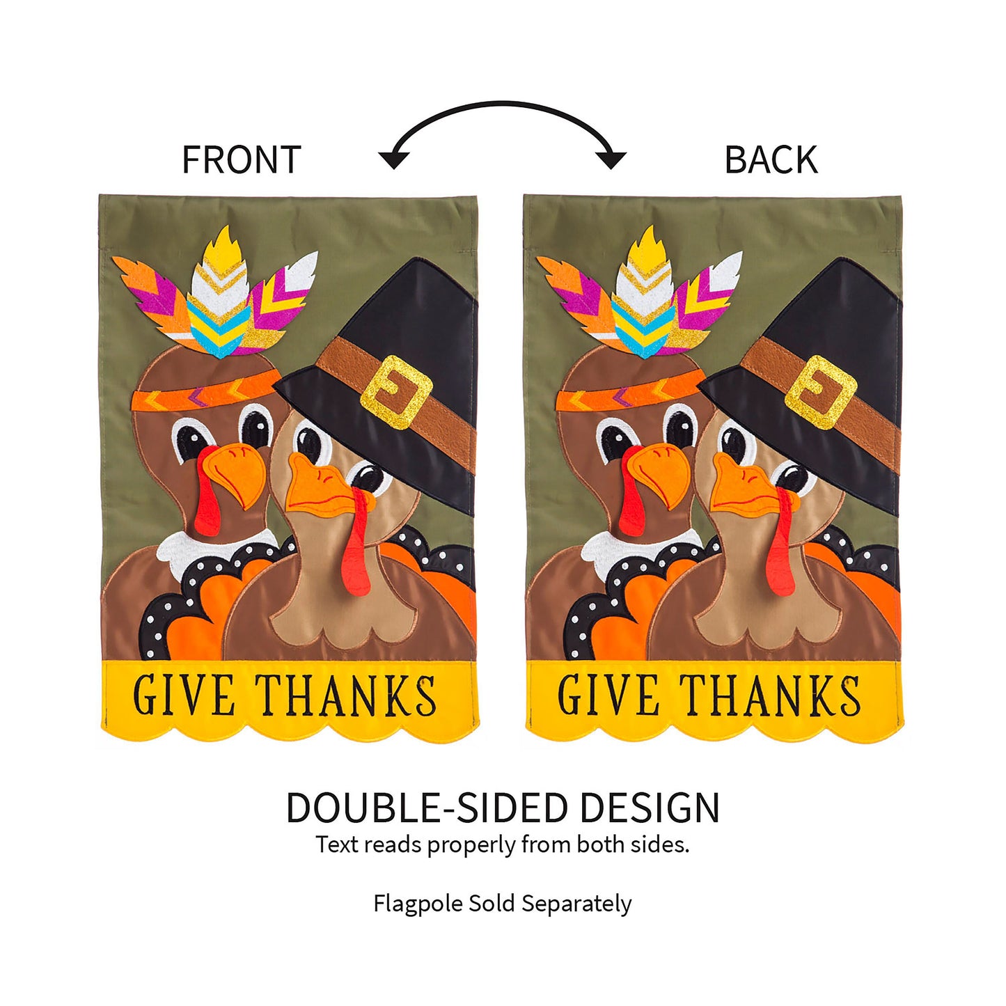 Pilgrim Couple Garden Applique Flag pair with double-sided design and colorful turkey motifs on Tampa Home & Garden Store
