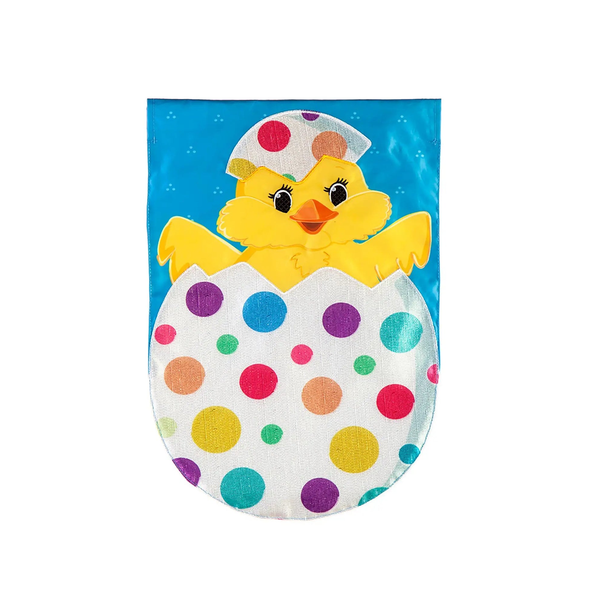 Applique flag with a cheerful yellow chick and polka dot egg on a blue background on Tampa Home & Garden Store