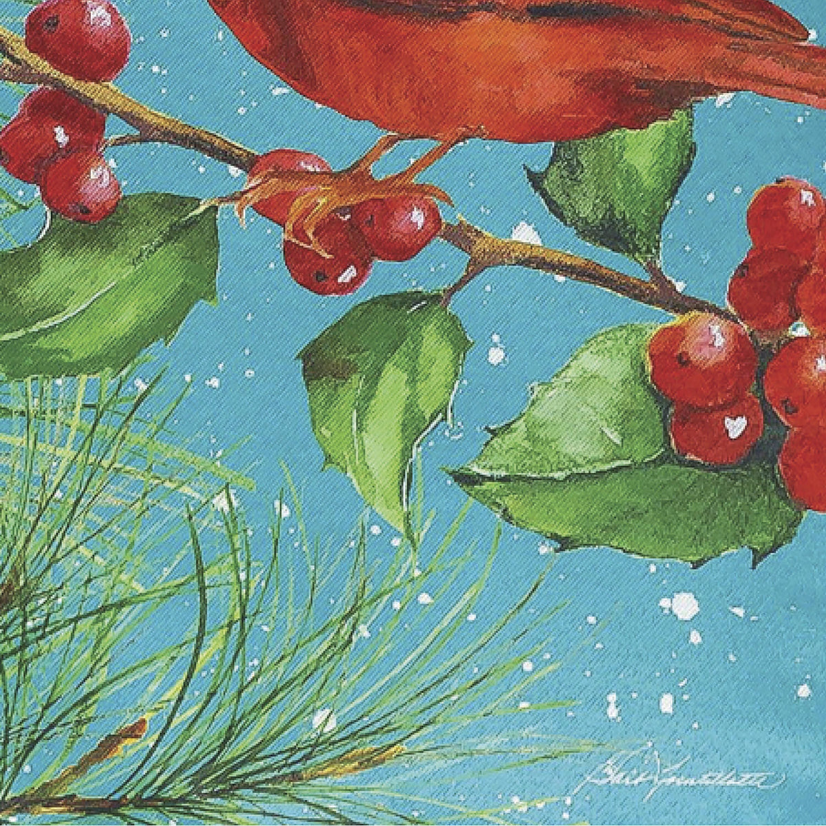Cardinal Couple Suede Garden Flag with red berries and green leaves on blue background on Tampa Home & Garden Store