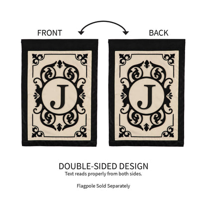 Cambridge Monogram Garden Flag Letter J, beige with black motif, Evergreen Enterprises pair on Tampa Home & Garden Store