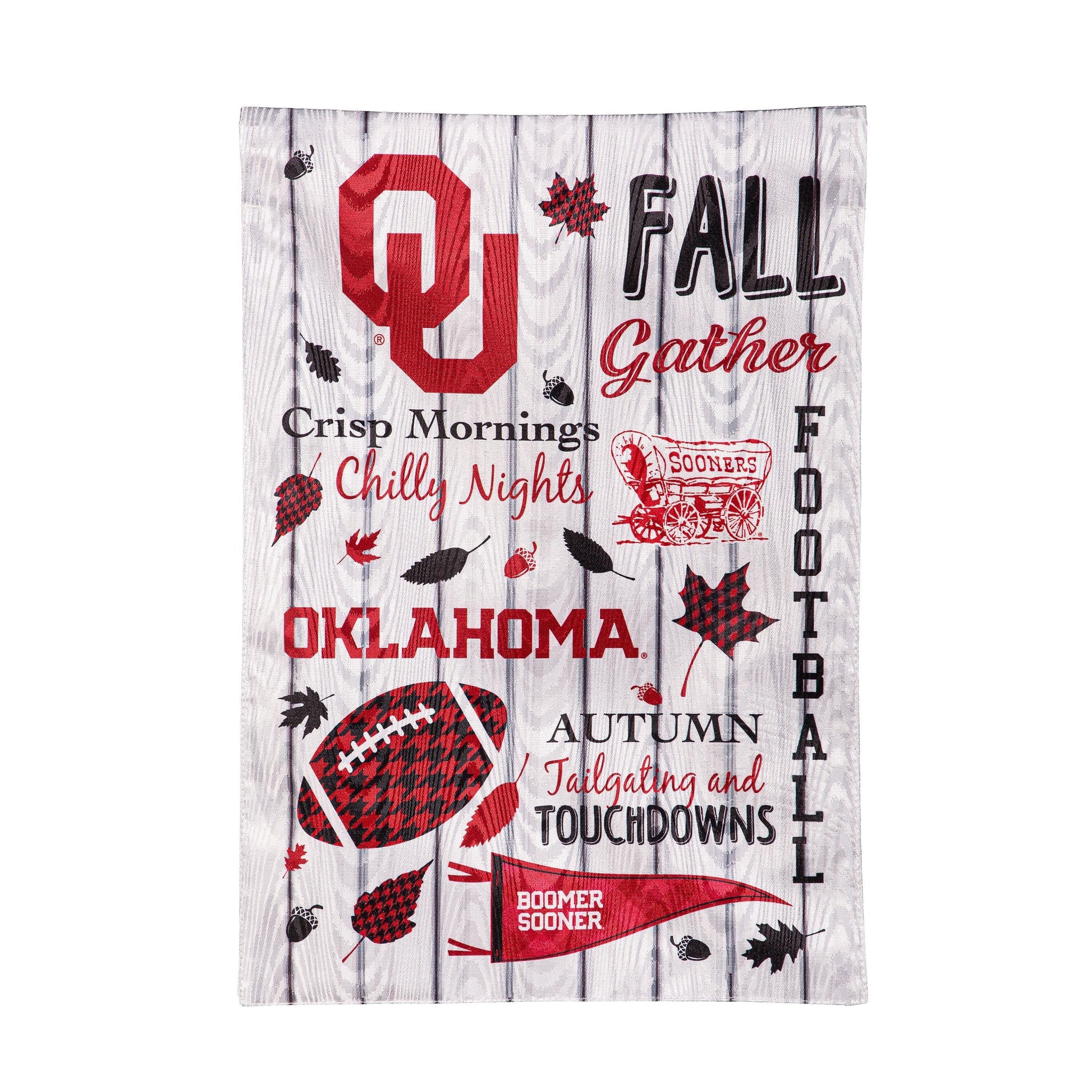 Moire flag Oklahoma Sooners red/black wordmark on woodgrain background Evergreen Enterprises on Tampa Home & Garden Store