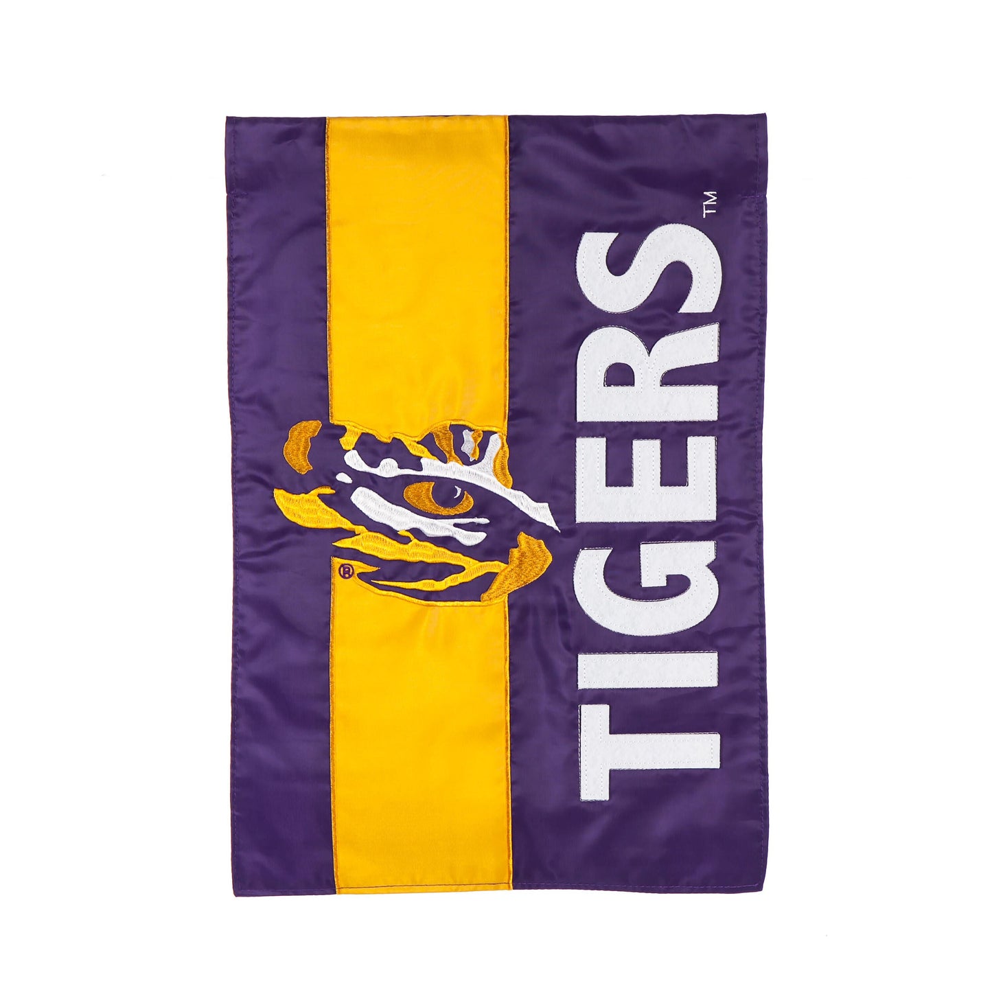 Louisiana State University Embellished Garden Flag by Evergreen Enterprises, purple flag with gold stripe and white LSU applique on Tampa Home & Garden Store