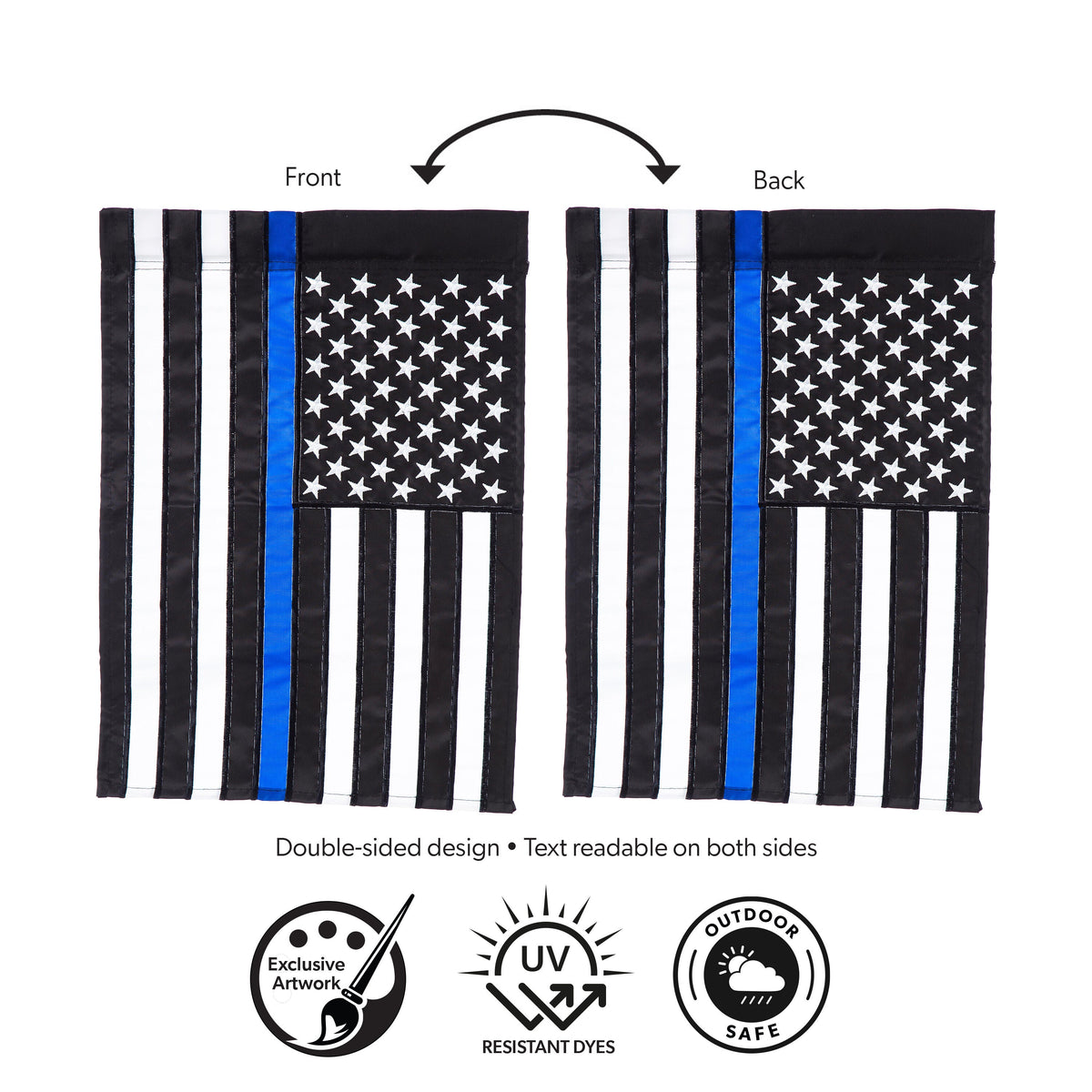 Thin Blue Line Garden Applique Flag, black and white stars with blue stripe; double-sided on Tampa Home & Garden Store