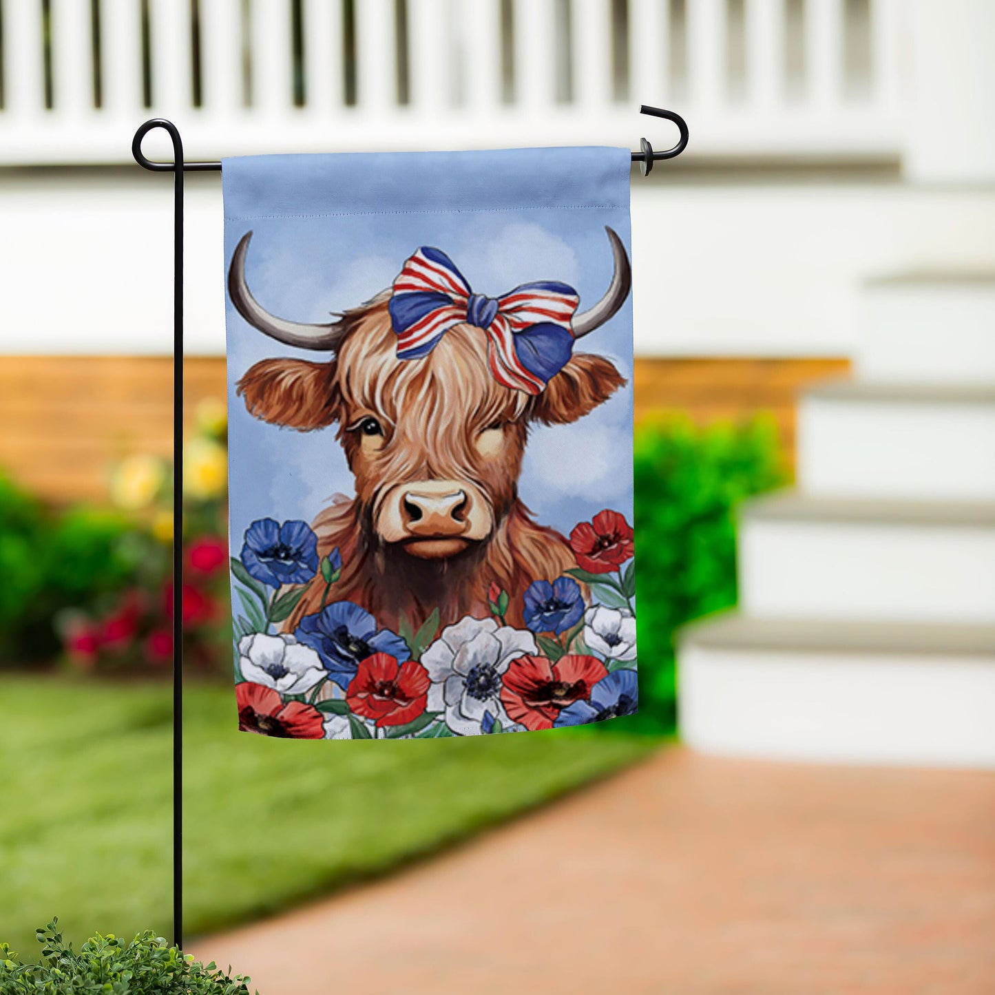 Patriotic Highland Cow applique garden flag on light blue background with bow and flowers on Tampa Home & Garden Store