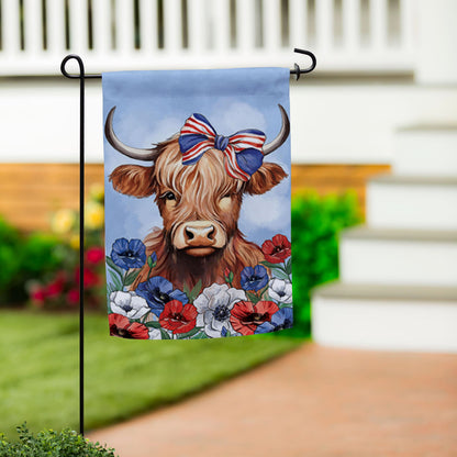 Patriotic Highland Cow applique garden flag on light blue background with bow and flowers on Tampa Home & Garden Store