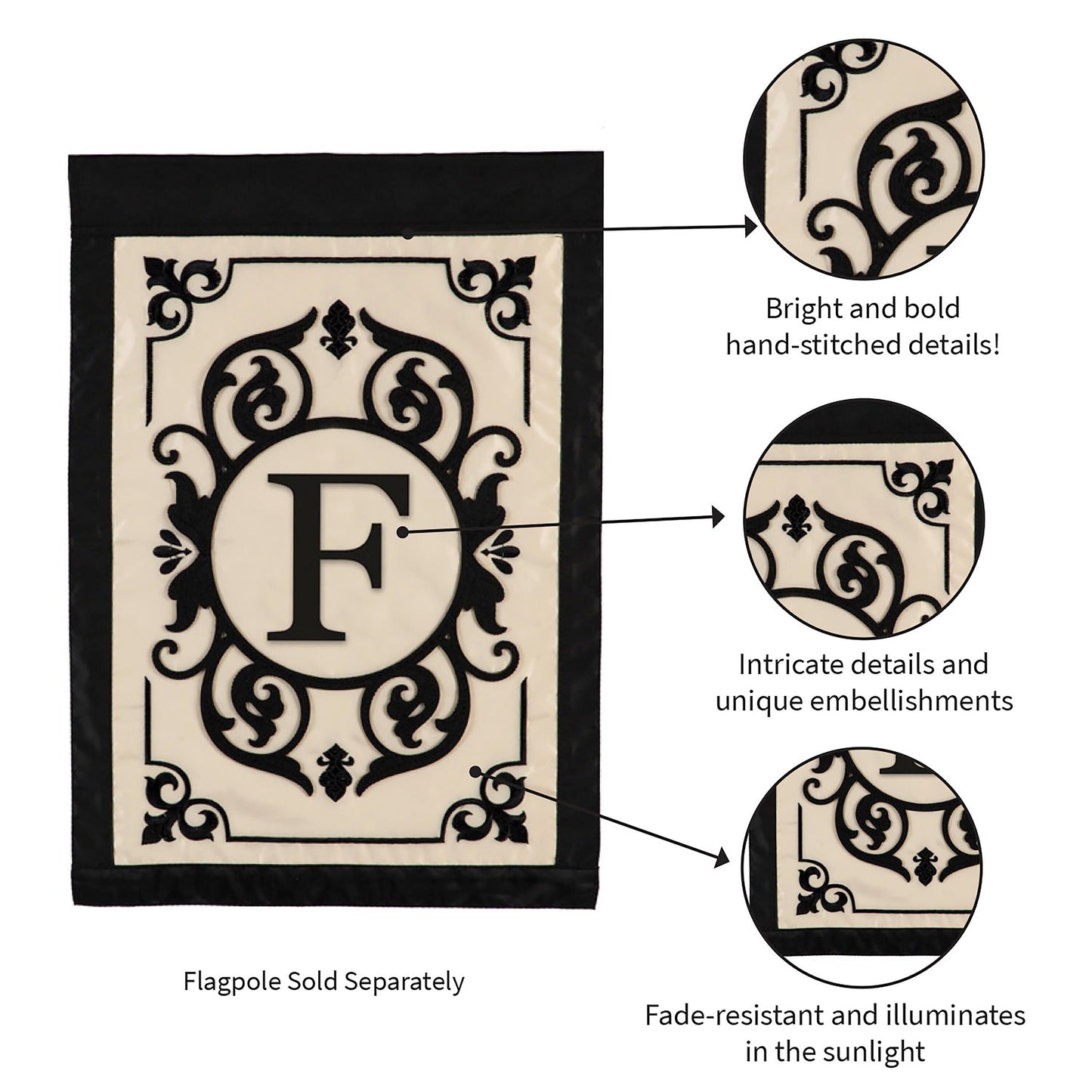 Cambridge Monogram Garden Applique Flag Letter F with black border Evergreen on Tampa Home & Garden Store