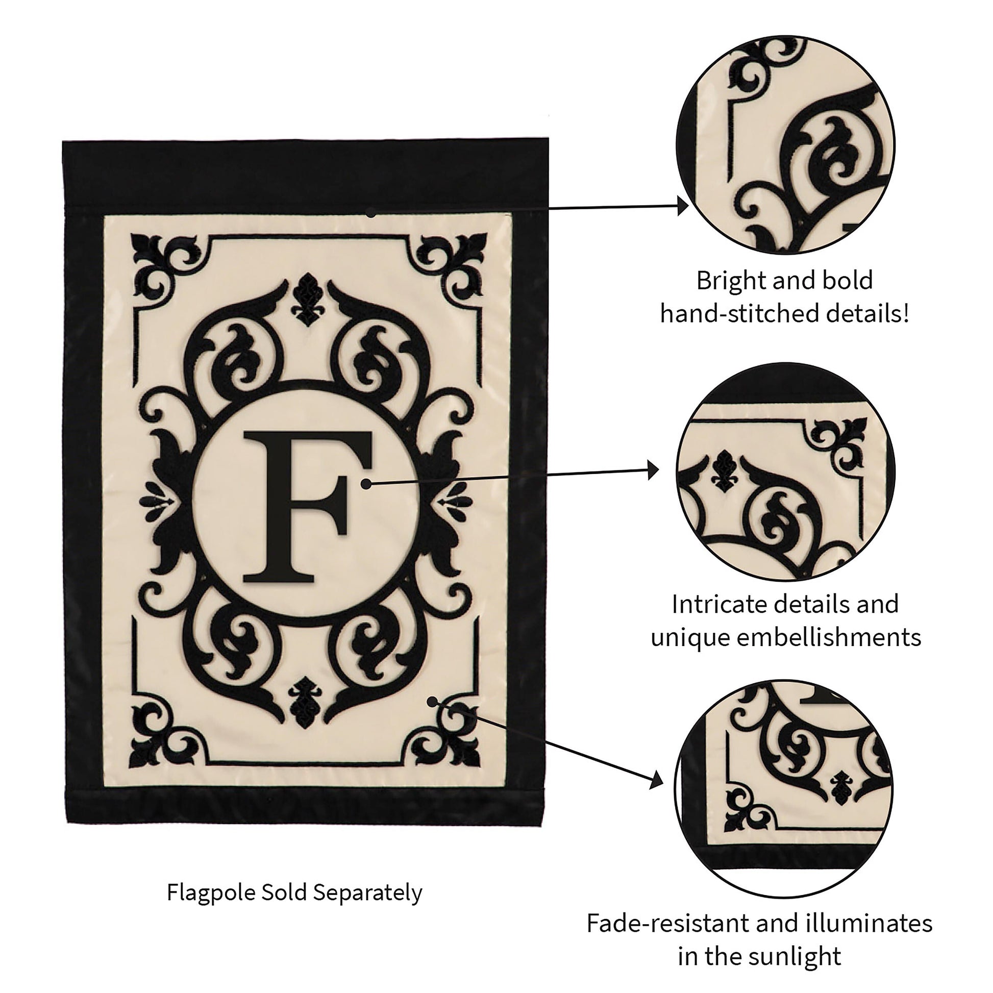 Cambridge Monogram Garden Applique Flag Letter F with black border Evergreen on Tampa Home & Garden Store