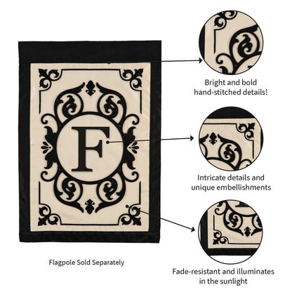 Cambridge Monogram Garden Applique Flag Letter F with black border Evergreen on Tampa Home & Garden Store