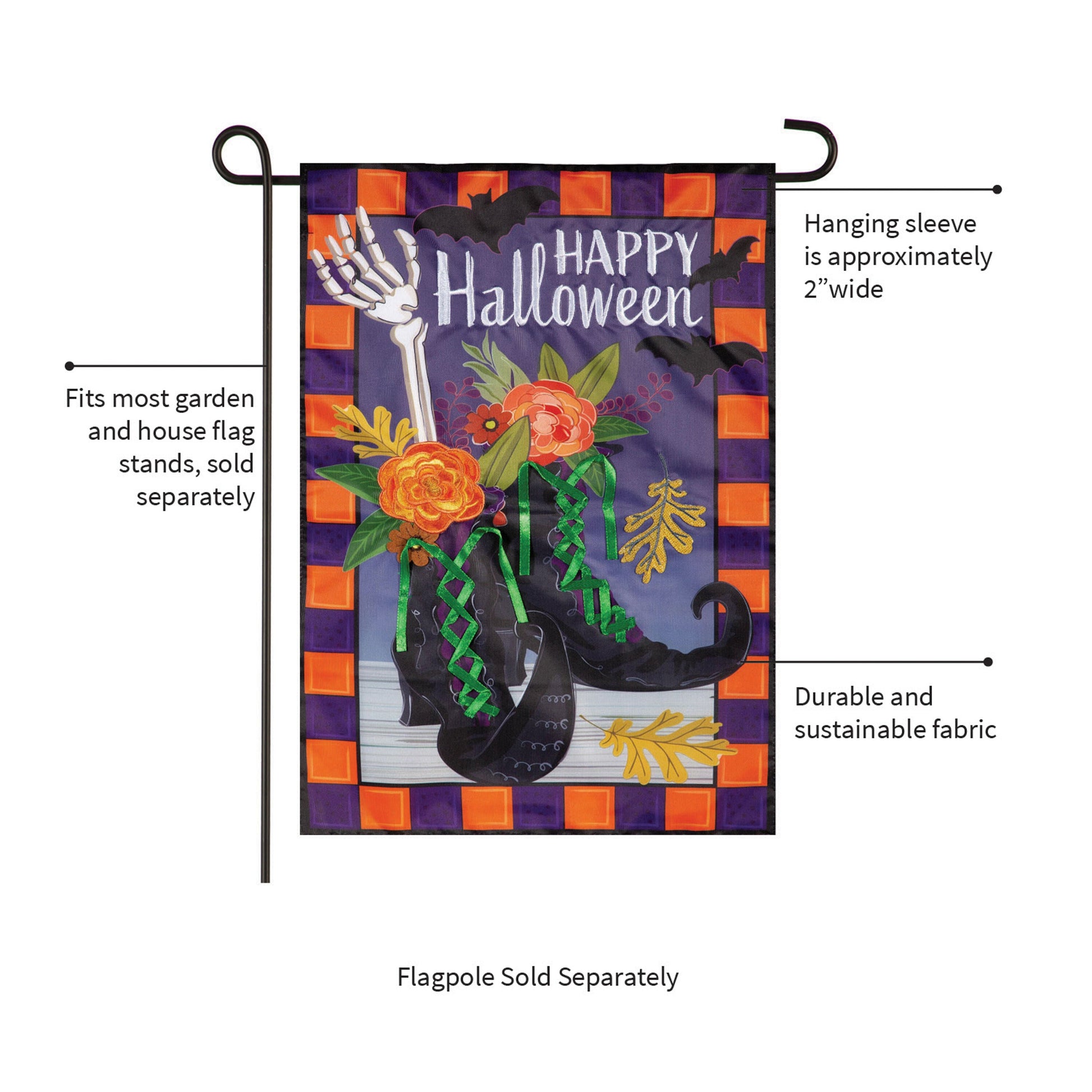 Happy Halloween Witches Boots Applique Garden Flag border orange checker skeleton hand on Tampa Home & Garden Store