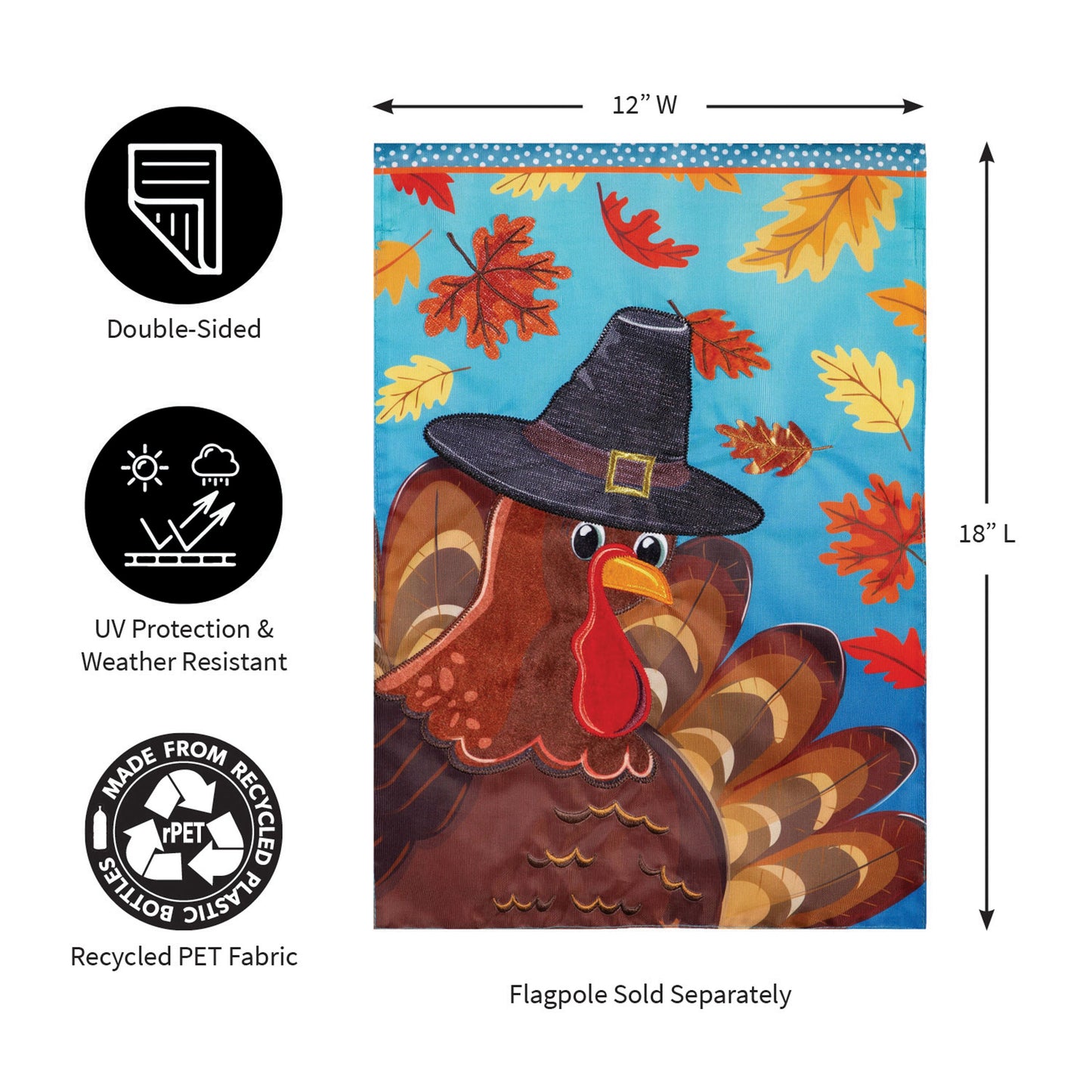 Turkey Time Applique Garden Flag Evergreen Enterprises featuring blue header and autumn leaves on Tampa Home & Garden Store