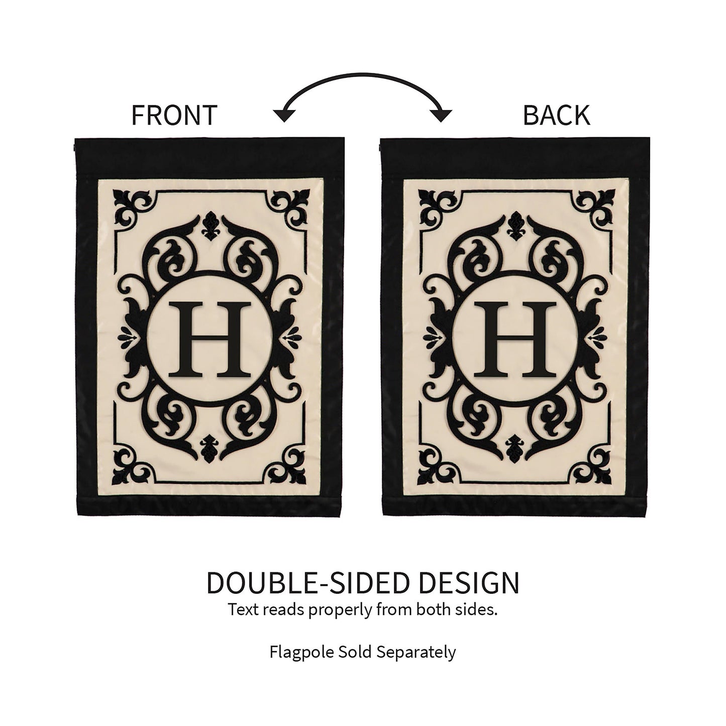 Cambridge Monogram Garden Applique Flag Letter H beige panel with black ornate frame 2-pack on Tampa Home & Garden Store