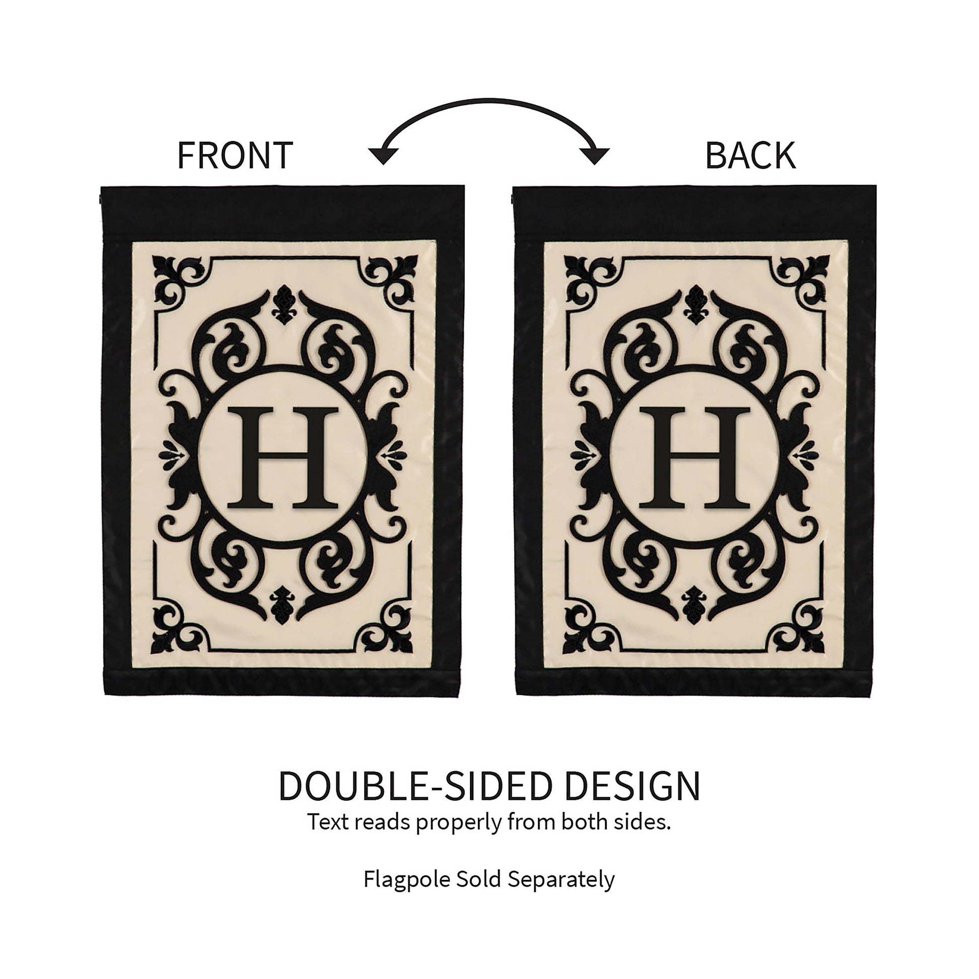 Cambridge Monogram Garden Applique Flag Letter H beige panel with black ornate frame 2-pack on Tampa Home & Garden Store