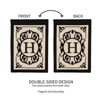 Cambridge Monogram Garden Applique Flag Letter H beige panel with black ornate frame 2-pack on Tampa Home & Garden Store