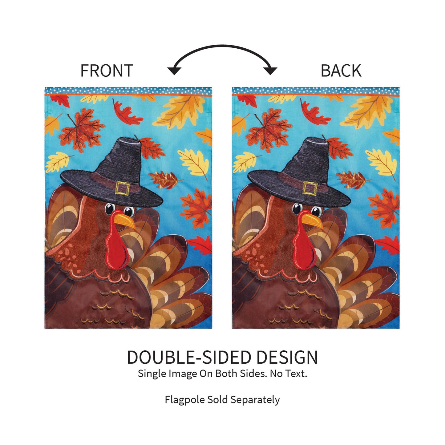 Turkey Time Applique Flag pair, double sided with autumn leaves and turkey; front & back on Tampa Home & Garden Store