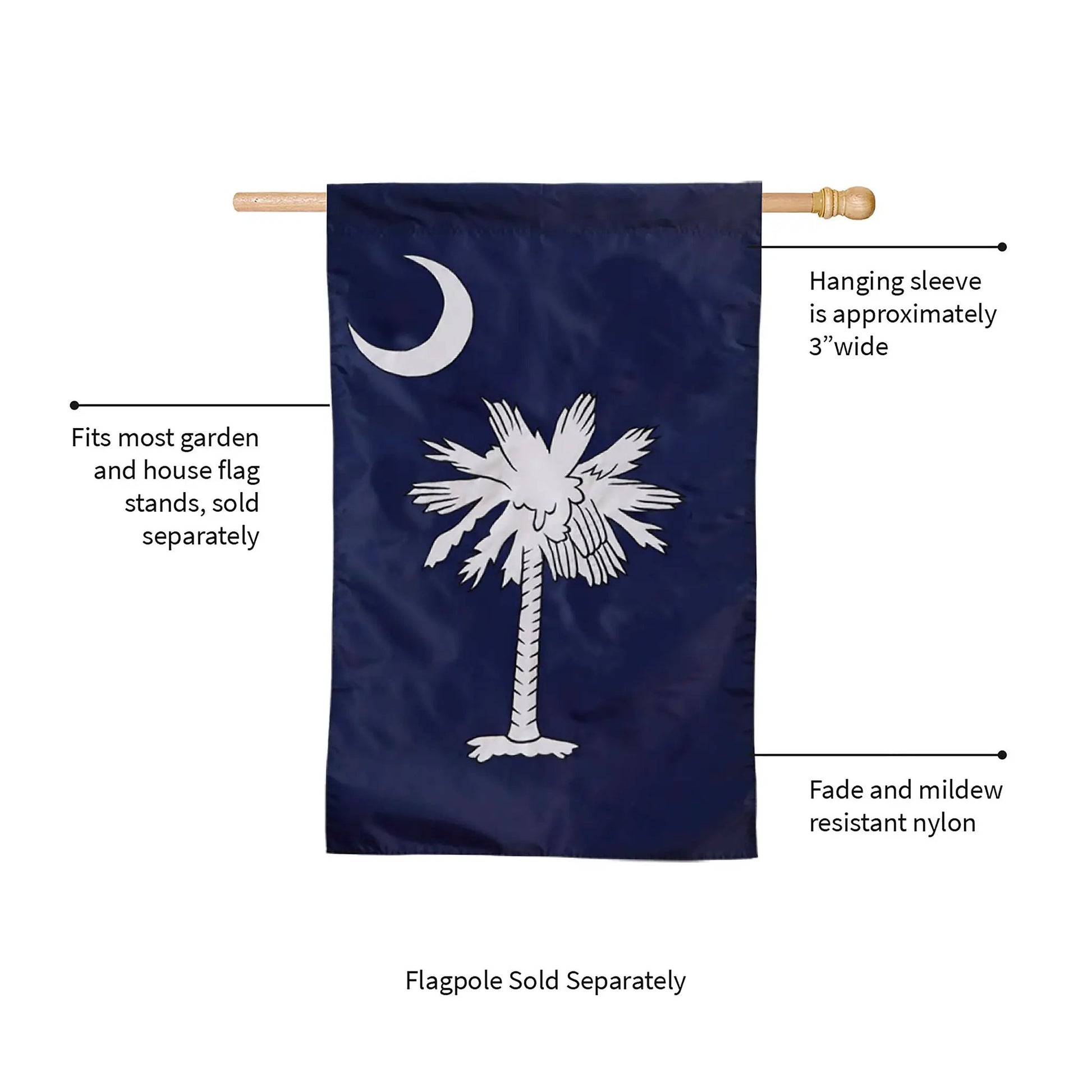 South Carolina applique flag on blue with white palmetto and crescent, 3 in sleeve Evergreen on Tampa Home & Garden Store