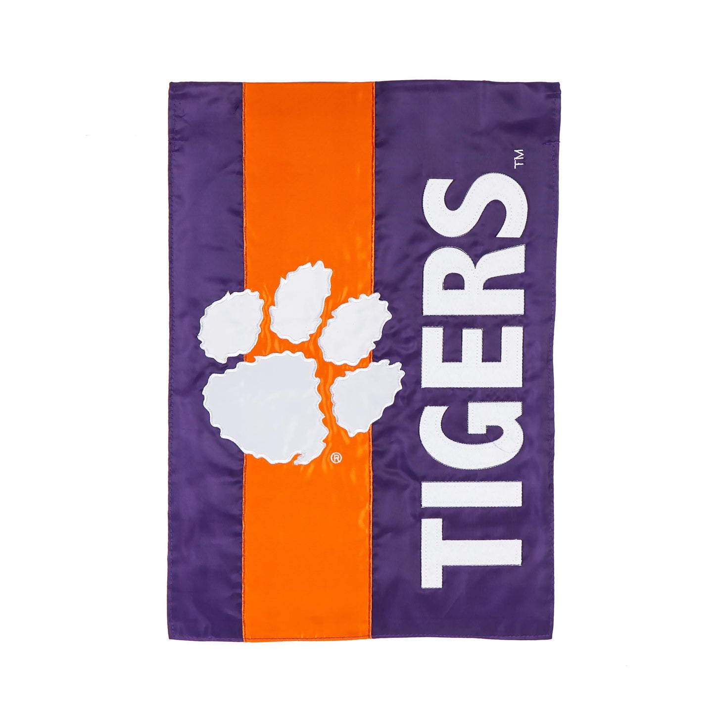 Clemson University Embellished Garden Flag purple field orange stripe white applique on Tampa Home & Garden Store