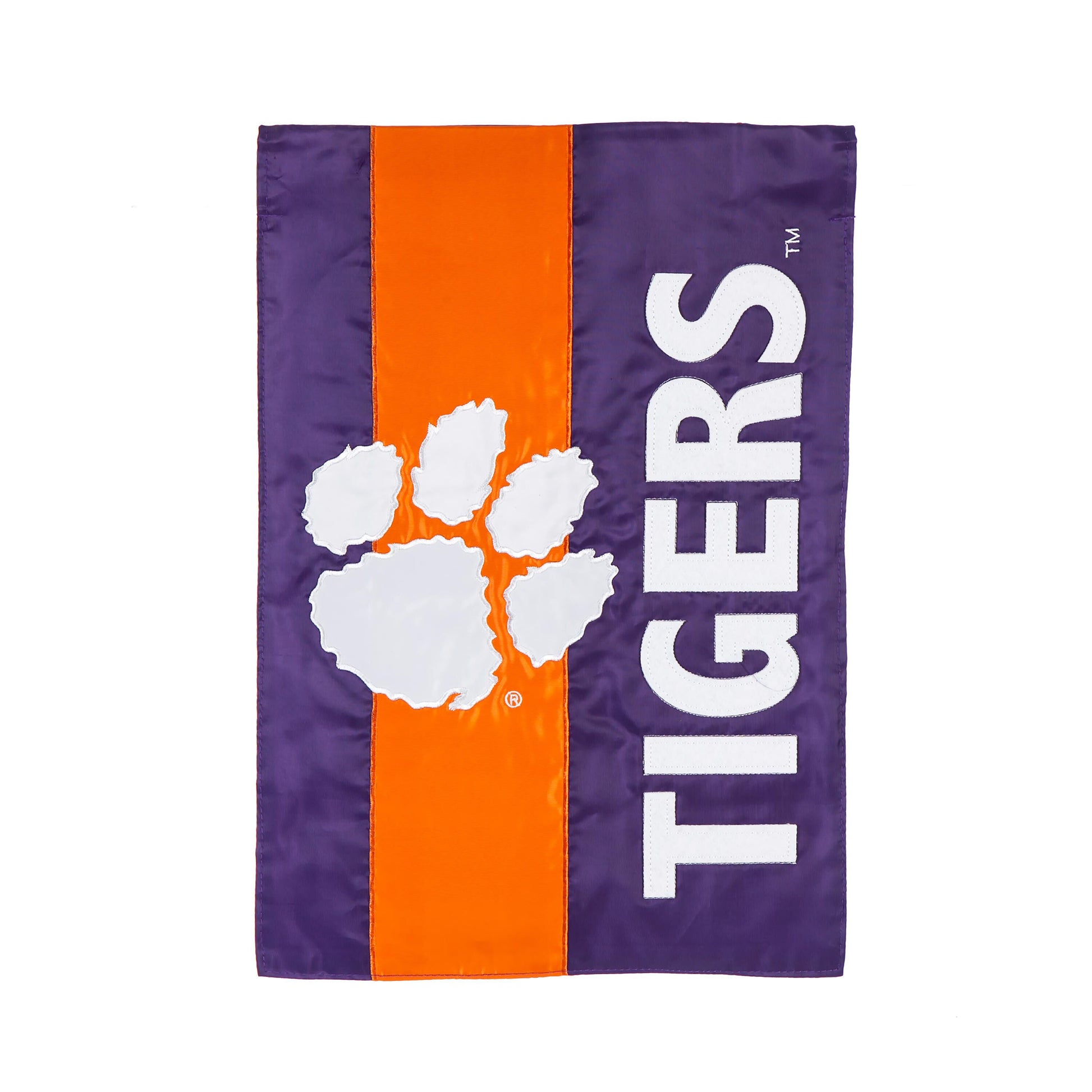 Clemson University Embellished Garden Flag purple field orange stripe white applique on Tampa Home & Garden Store
