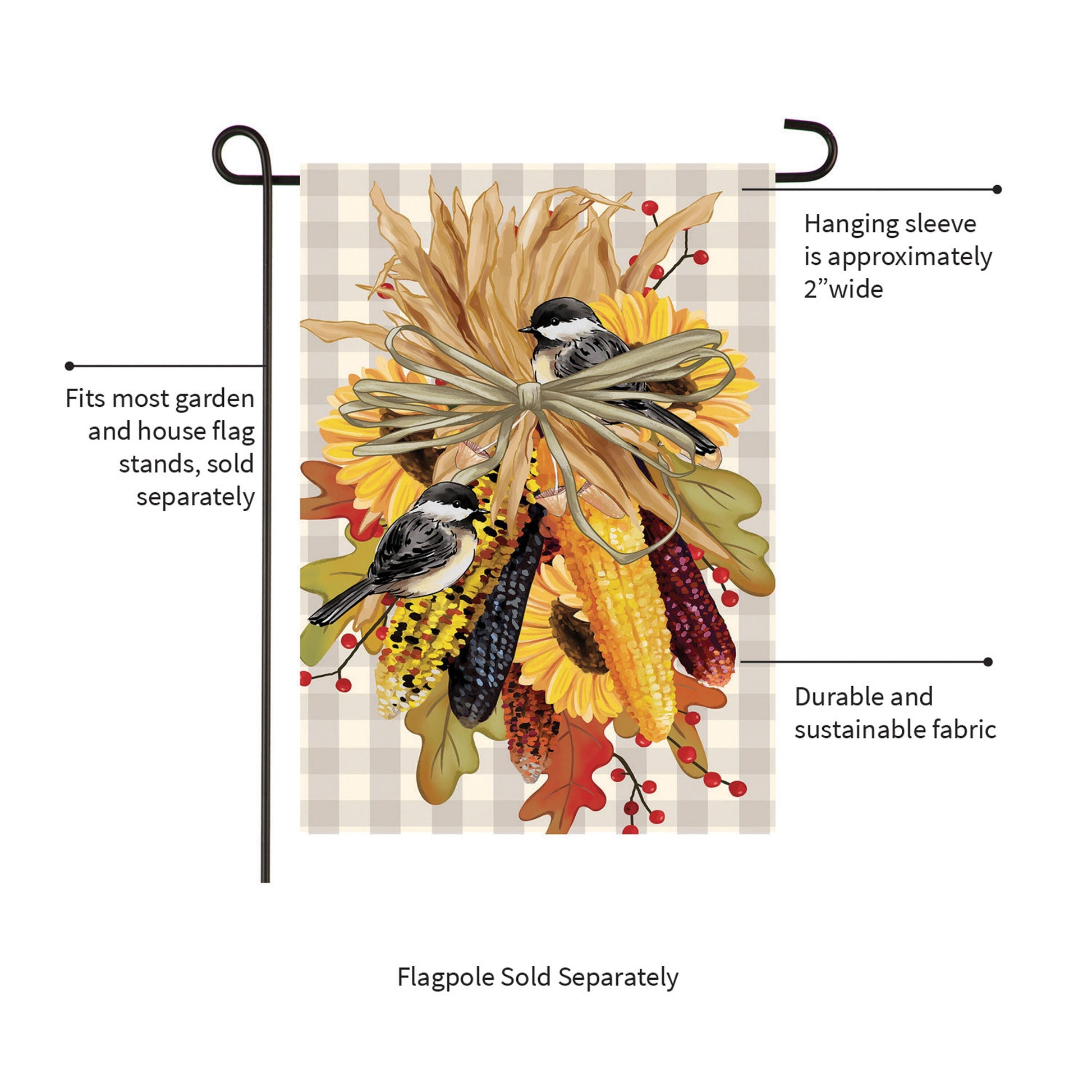 Ornamental Corn Burlap Garden Flag by Evergreen Enterprises Wholesale Collective, autumn corn with sunflowers on beige plaid burlap on Tampa Home & Garden Store