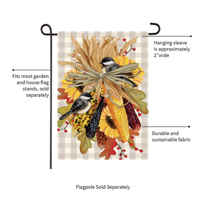 Ornamental Corn Burlap Garden Flag by Evergreen Enterprises Wholesale Collective, autumn corn with sunflowers on beige plaid burlap on Tampa Home & Garden Store