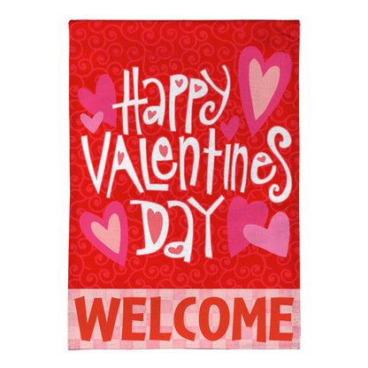 Happy Valentine's Day Welcome Burlap House Flag red burlap with pink hearts Evergreen on Tampa Home & Garden Store