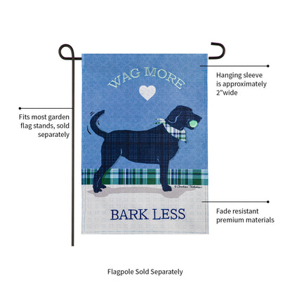 Garden burlap flag Wag More Bark Less by Evergreen Enterprises, plaid accent on metal stand on Tampa Home & Garden Store