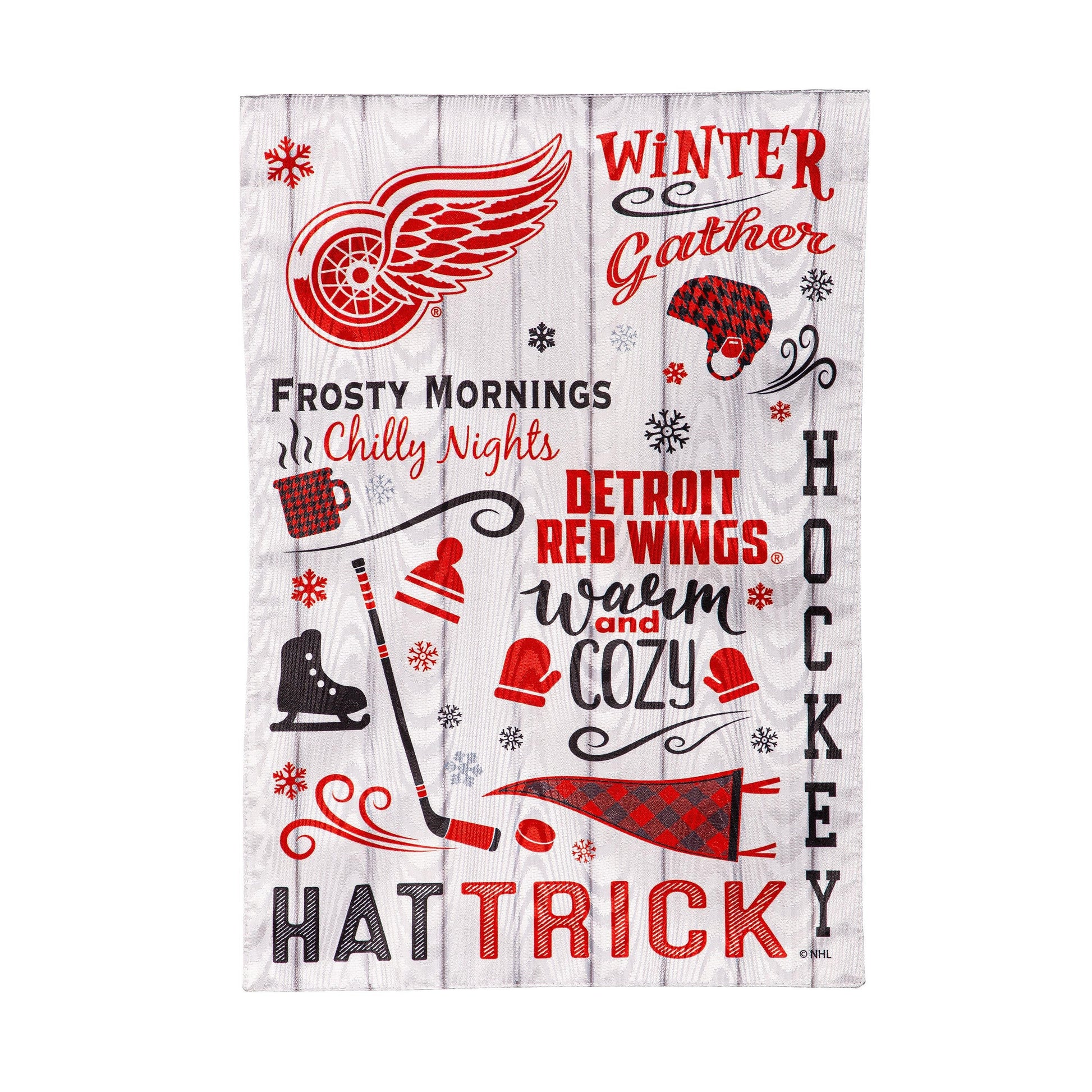 Moire flag Detroit Red Wings with red and white graphics on frosty wood background on Tampa Home & Garden Store