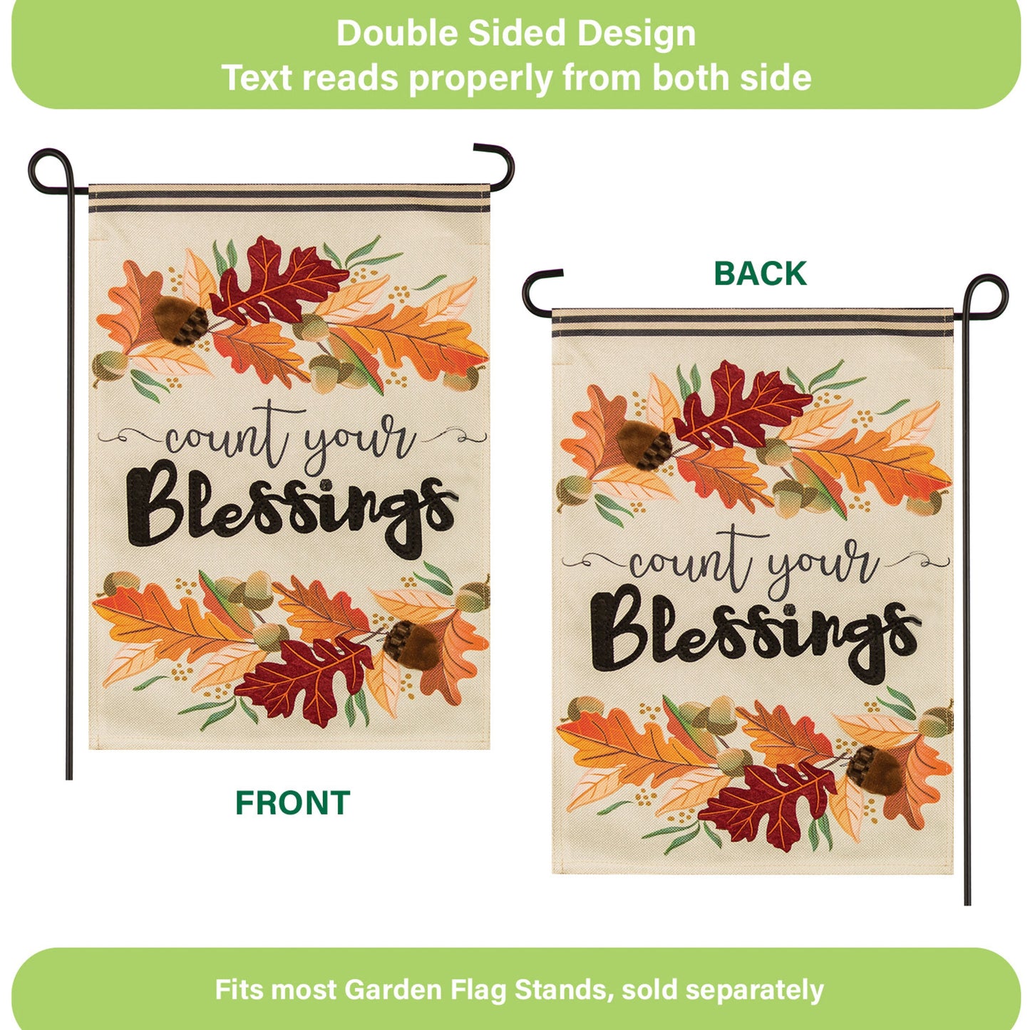 Count Your Blessings Garden Burlap Flag with autumn leaves design, front & back panels, 2 flags on Tampa Home & Garden Store