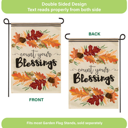 Count Your Blessings Garden Burlap Flag with autumn leaves design, front & back panels, 2 flags on Tampa Home & Garden Store